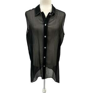 Caribou Black Silk Sheer Sleeveless Button Up Top Contrasting Trim Layering LG